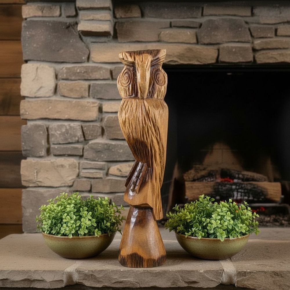 Wooden Owl On Pedestal Hand Carved 13” Tall Vintage Rustic Cabin Cottagecore